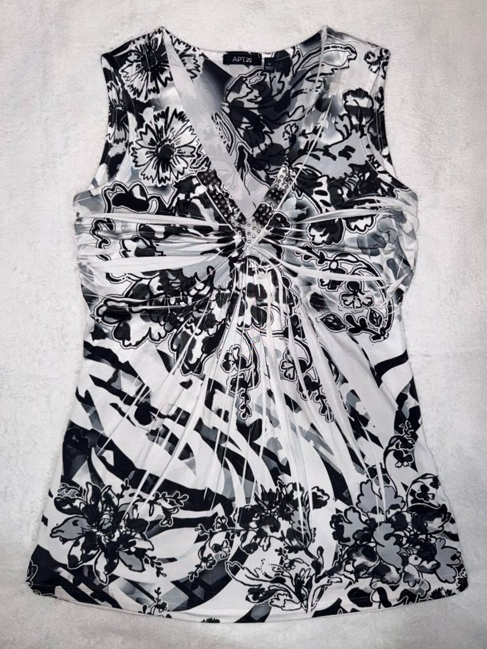 Apt. 9 Y2K Black & White Floral Rhinestone Ruched Tank Top M
